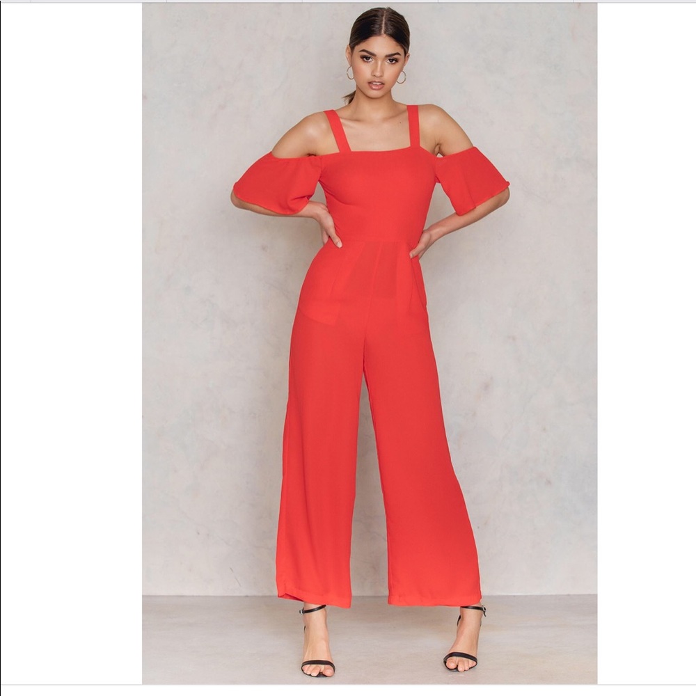 Glamorous Off Shoulder Jumpsuit Pockets Red M